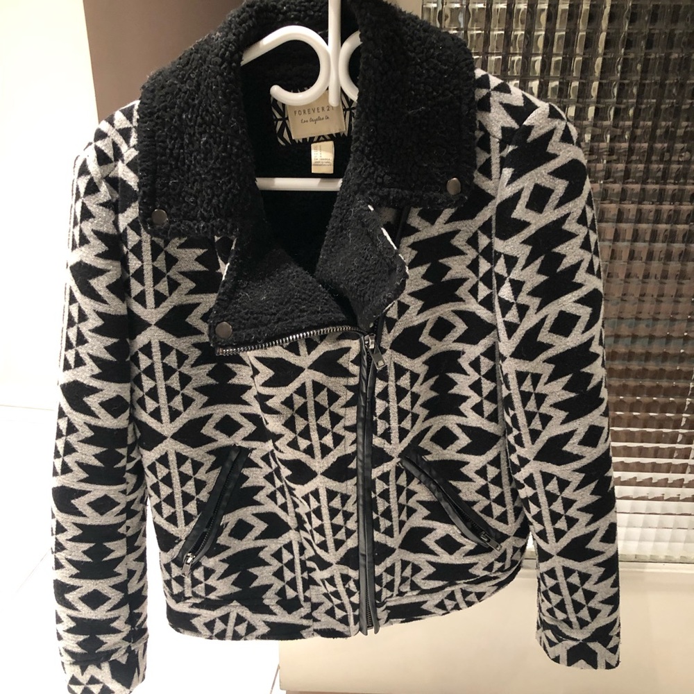 Forever 21 Aztec Print Moto Style Sherpa Coat